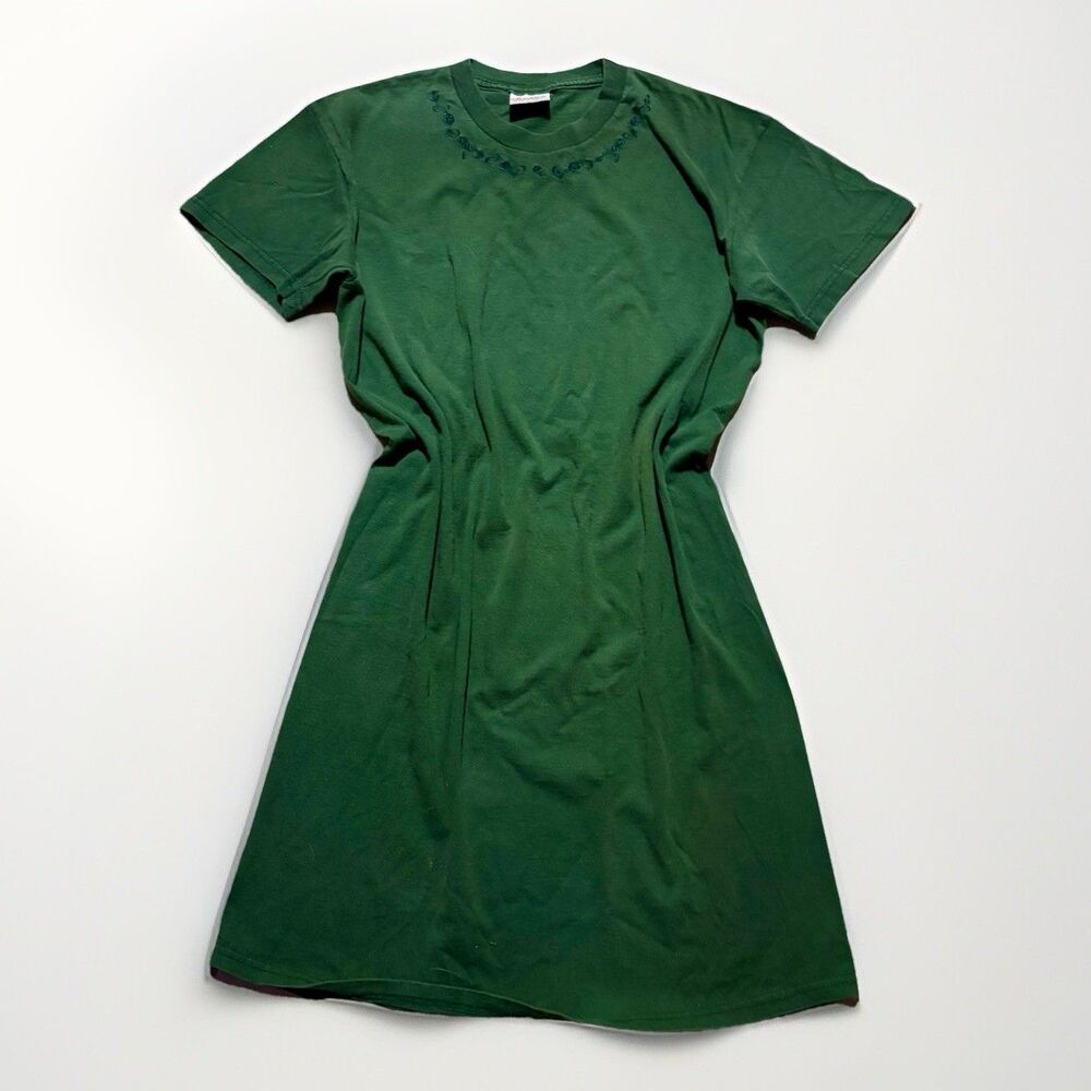 Barbizon Vtg. Retro T-Shirt Dress Green Embroidered Sz S/M Lounge Preppy